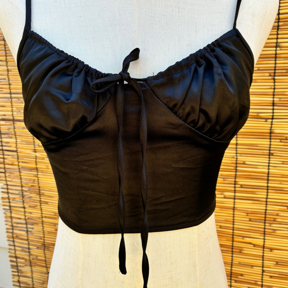 Forever 21 Black Satin Tie Front Smocked Back Crop Top Camisole Small